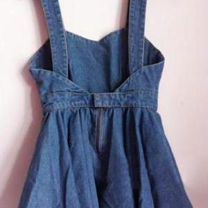 Bowknot Denim Blue Suspender Dress Overalls..