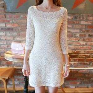 Boat Neck Long Sleeve White Bodycon Mesh Lace Dress [ghyxh36132] on Luulla