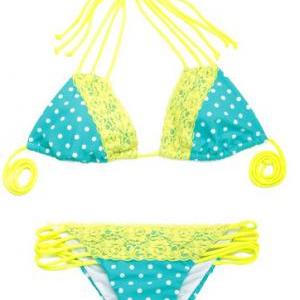 Blue Polka Dot Yellow Lace Triangle Bikini With A..