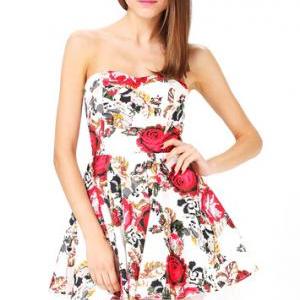 White Strapless Floral Pleated Flare Dress..