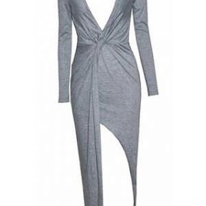 Sexy Low-cut V-neck Front Slit Long-sleeved Dress..