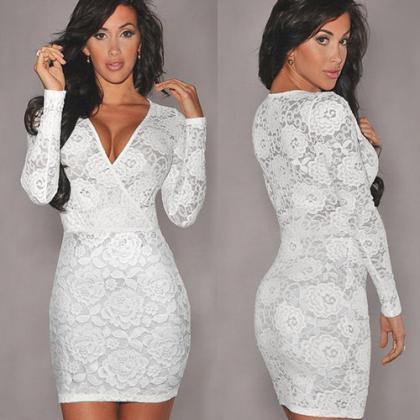 Fashion V-neck Long Sleeve Slim Fit Lace Party..