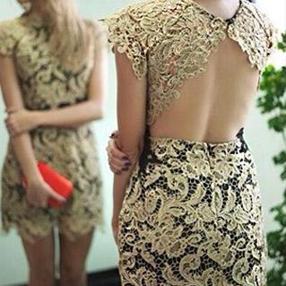 Sexy Backless Short Sleeve Slim Fit Mini Lace..