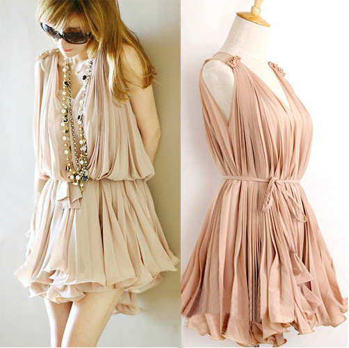 [gryxh3600274]sweet Elegant Pink Pleated Chiffon Dress--pink