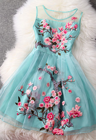 [ghyxh36105]Flower Embroidery Mesh Tank Top Spring Skater Dress