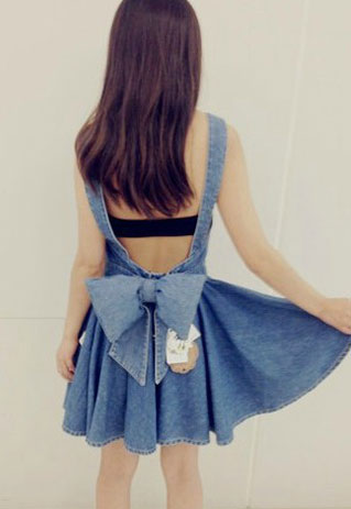 Bowknot Denim Blue Suspender Dress Overalls Pleated Skirt [ghyxh36115]