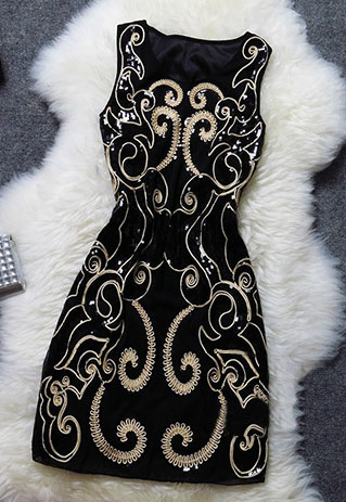 Noble Vintage Sequin Floral Embroidered Sleeveless Party Dress [ghyxh36121]
