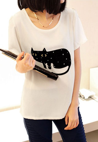 All Match Short Sleeve Black Cat Graphic T Shirt Tops [ghyxh36154] on ...
