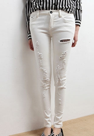 White Cutout Ripped Shreddered White Skinny Pants Trousers [ghyxh36158]