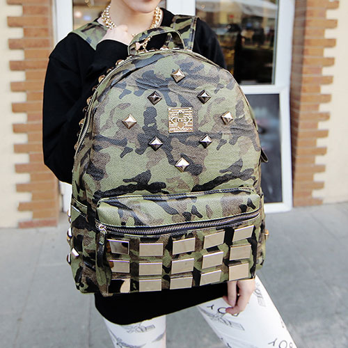 [gryxh36184]army Green Camo Print Studded School Shoulder Bag Backpack