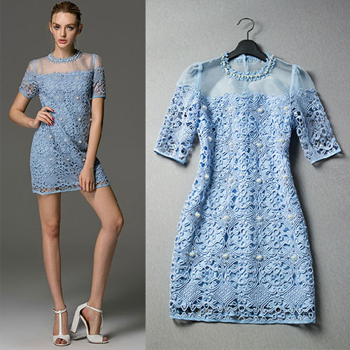 [ghyxh36219]embellished Embroidery Short Sleeve See Through Mini Dress