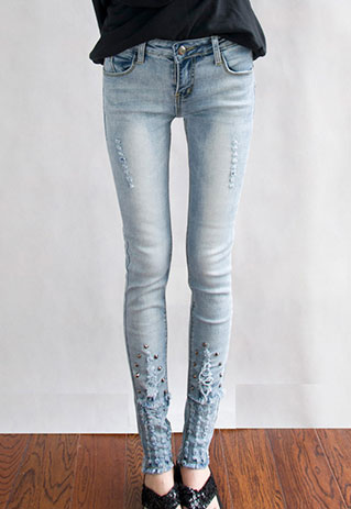 Metal Rivets Ripped Light Blue Cropped Skinny Jeans Pants [ghyxh36235]
