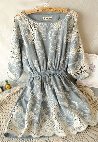 Batwing Crochet Lace Stretchy Denim Blue Skater Dress [ghyxh36251]