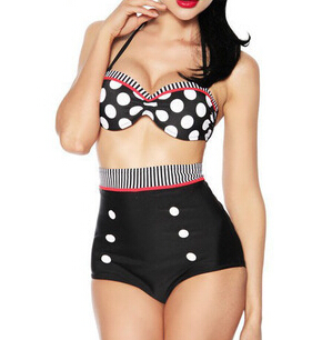 High Waisted Polka Dot Double-breasted Spandex Sexy Halter Swimsuit For Women [glj10003]