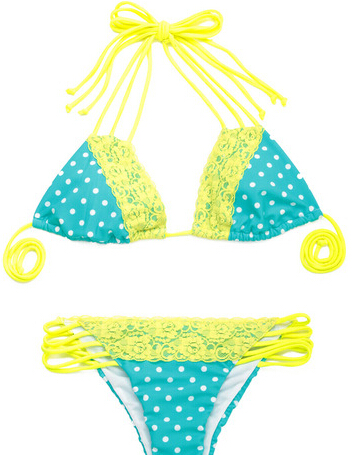 Blue Polka Dot Yellow Lace Triangle Bikini With A Trio Of Halter Straps Swimwear [glj10115]