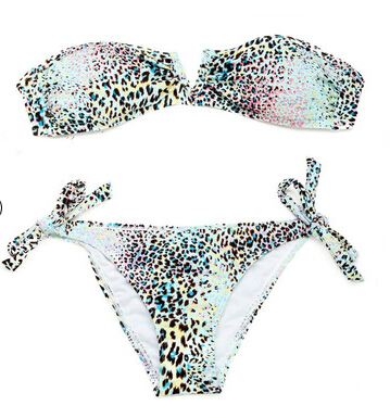 Blue Leopard Print V Wire Bandeau Top Adjustable Bottom Bikini Set [glj10119]
