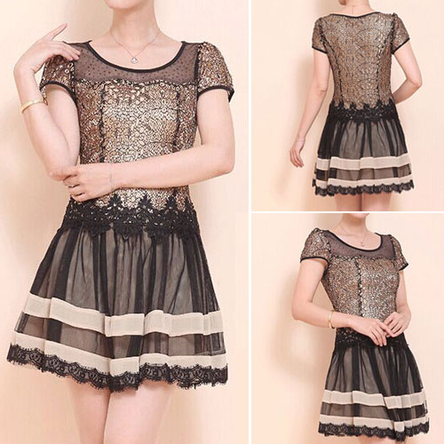 Fashion Paillette Gauze Lace Spliced Oversize Short Sleeve Dress [ghyxh363032]