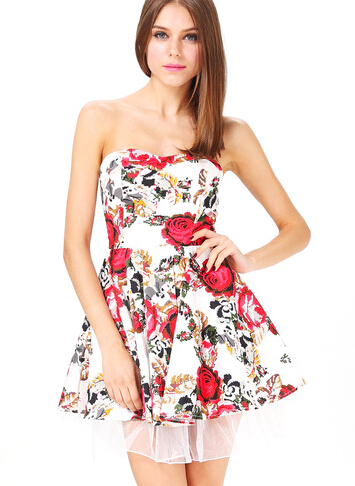 White Strapless Floral Pleated Flare Dress [glj10133]