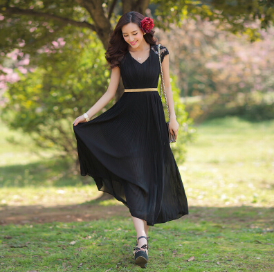 A-line V-neck Sleeveless Pleated Tiered Bohemian Dresses Red