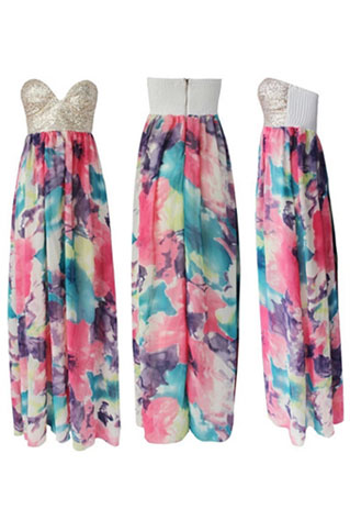 Bohemian Style Strapless Paillette Floral Print Floor-length Slip Dress [ghyxh36329]