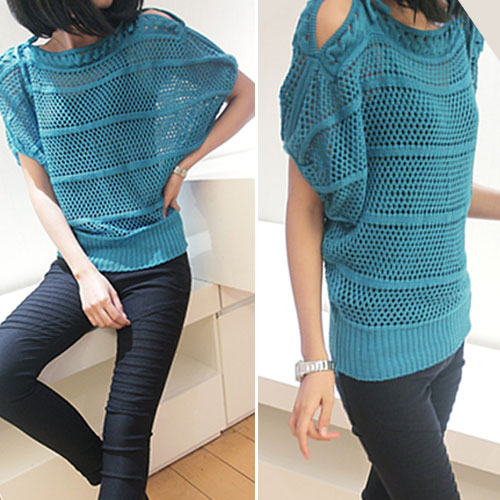 Fashion Off-shoulder Batwing Sleeve Hollow Out Knitting Smock [ghyxh36378]