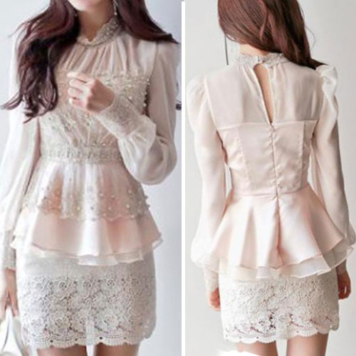 Fashion Beads Flouncing Hemline See-through Long-sleeved Lace Shirt Tops [ghyxh36389]