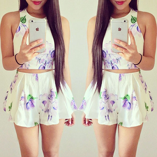 Sweet Floral Print Tops + Shorts Two-piece Set [gzxy0935]