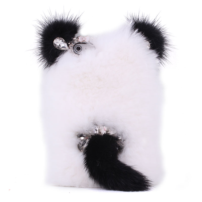 Lovely Panda With Ears And Tail Soft Fur Rhinestone Case For Iphone 4/4s