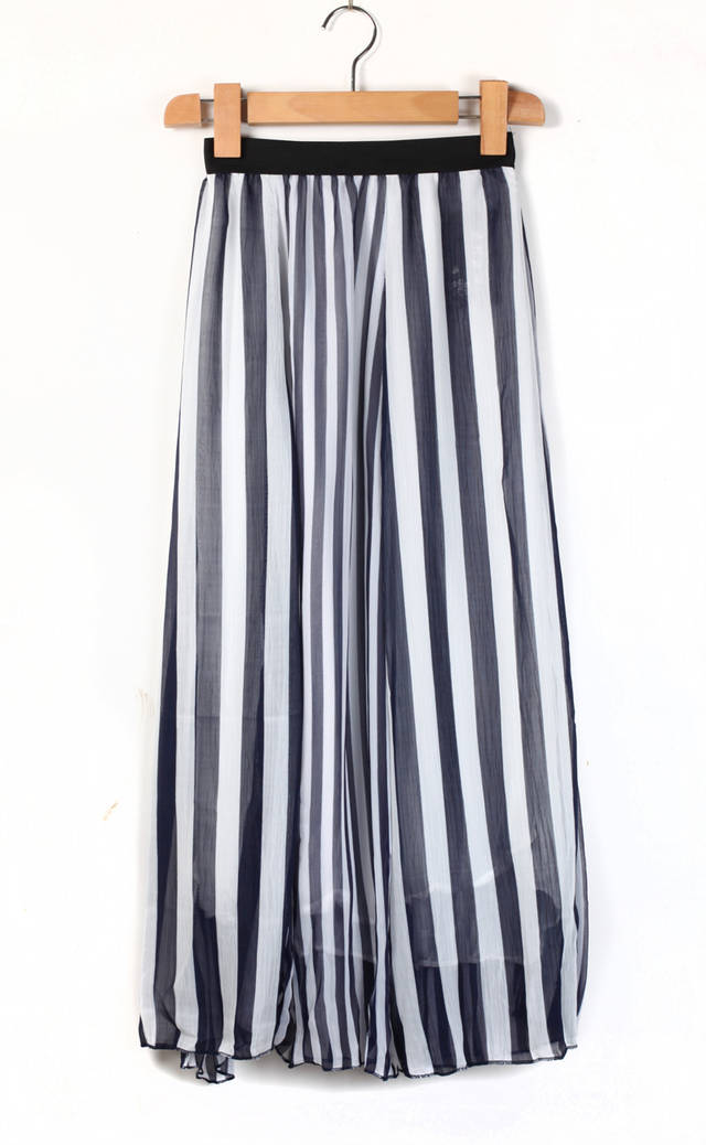 [gryxh3600001]blue And White Chiffon Stripes Half Long Skirt-----blue ...