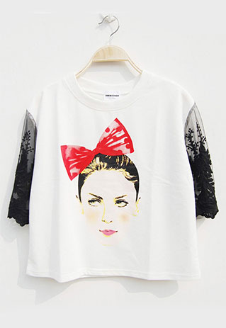 Korean Style Bowknot Lace Spliced Short-Length Loose T-shirt ...