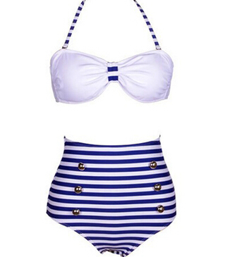 High Waisted Vintage Halterneck Cross Stripe Six Buttons Swimsuit For ...